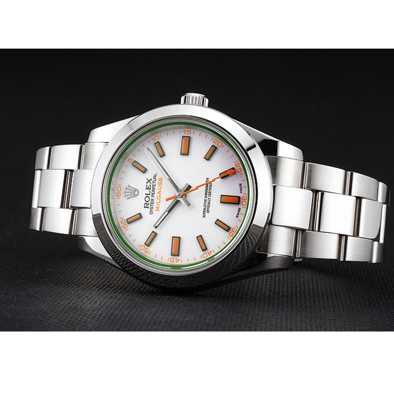 Aaa replica watch Steel Markings Case Orange Dial And White Swiss Stainless Rolex Milgauss Bracelet 0731